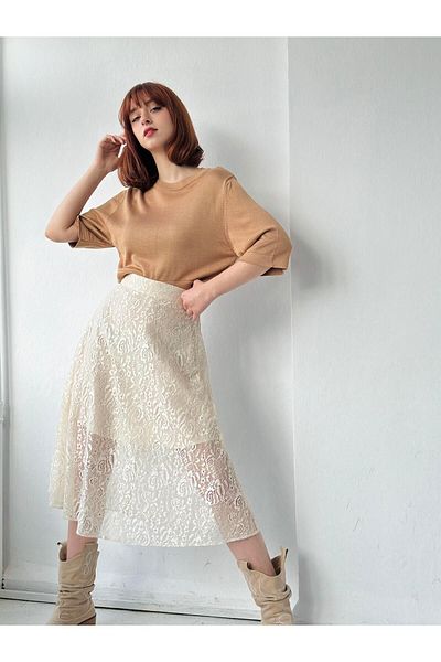 Retrobird Transparent Midi Length Lined Romantic Design Skirt Women's Cream