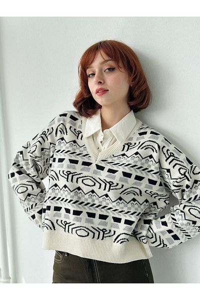 Retrobird Pulover jacquard cu decolteu în V model Inka Femei Bej
