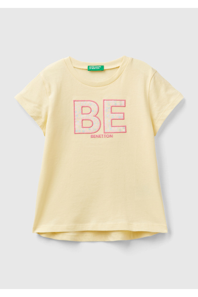 United Colors of Benetton Girl's Yellow Sequined Logo Embroidered Summer T-Shirt