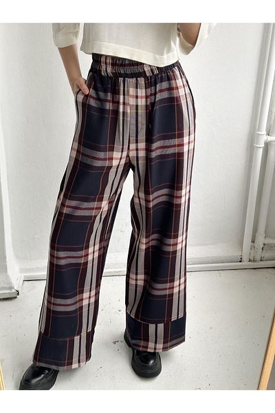 Retrobird Thick Leg Detailed Long Elastic Loose Palazzo Trousers for Women Dark Navy Blue