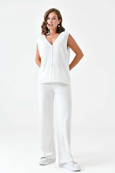 lovebox V-Neck Sleeveless Vest and High Waist Wide Leg Knitwear Trousers - Ecru Set 103