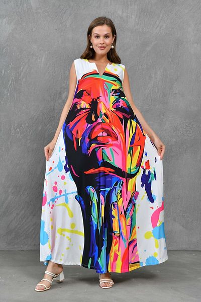 bayansepeti Oversize Maxi Dress - Digital Printed, Pocketed and Sleeveless 10072