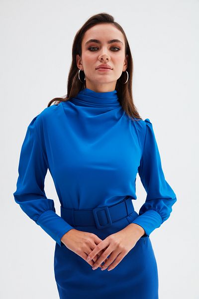 Sateen Sax Blue Drape Detailed Blouse