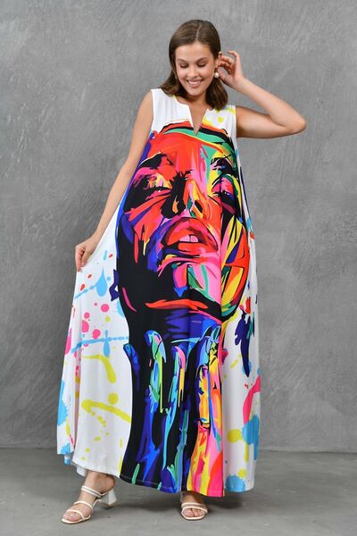 bayansepeti Oversize Maxi Dress - Digital Printed, Pocketed and Sleeveless 10072
