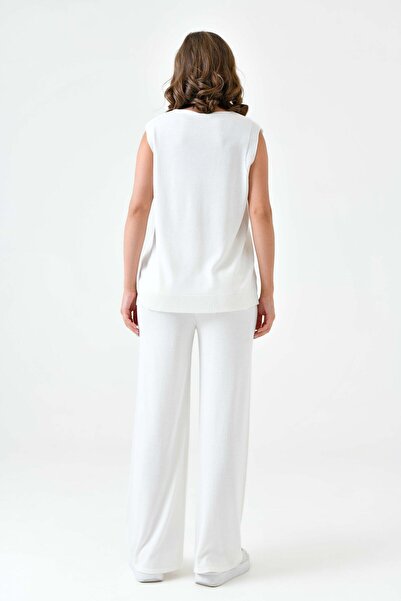 lovebox V-Neck Sleeveless Vest and High Waist Wide Leg Knitwear Trousers - Ecru Set 103