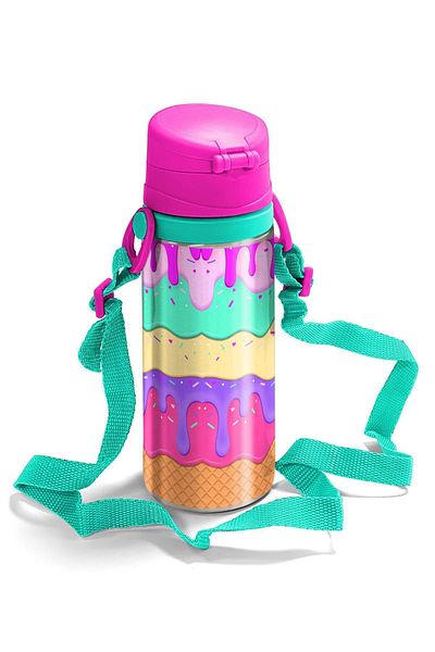 Coral High 600 ml Pink Ice Cream Patterned Steel Flask with Straw - 11955