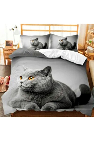 Elmas Dizayn طقم غطاء لحاف فاخر مزدوج من الساتان والقطن - قطة رمادية