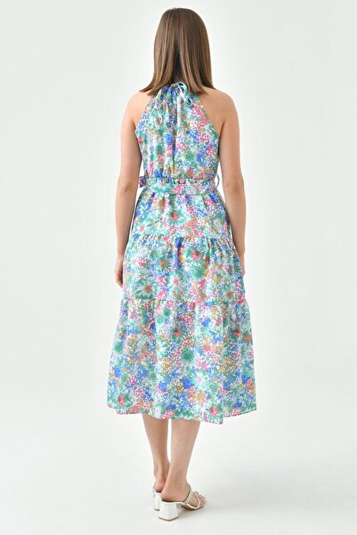 lovebox Καλοκαιρινό φόρεμα με πράσινη φλοράλ στάμπα με φλάντζα - ζωσμένος και λαιμόκοψη 1141