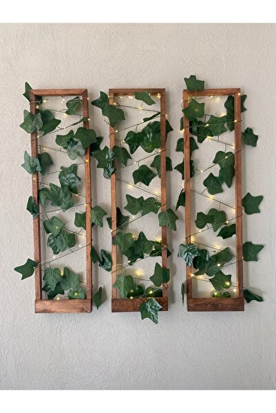 MSAĞWOODS 3'lü Ahşap Peri Ledli Sarmaşıklı Duvar Çıtası Kış Bahçesi Balkon Duvar Dekor Bohem Retro Çeyiz