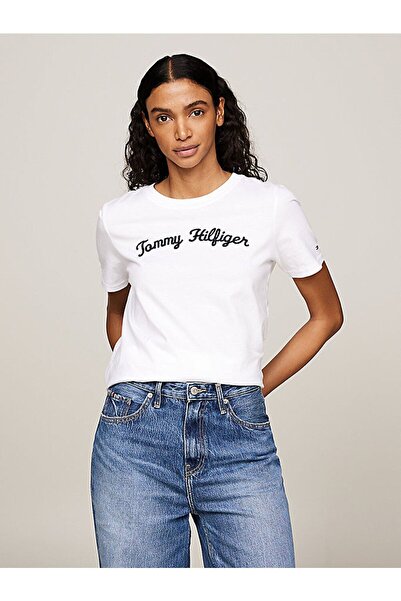 Tommy Hilfiger Kadın Dokuma Kumaş Kısa Kol Düz Model Beyaz T-Shirt WW0WW42589-YBR