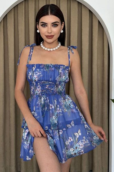 lovebox Mini rochie de seară albastră - model floral, bretele, corset tăiat, tul stratificat 273