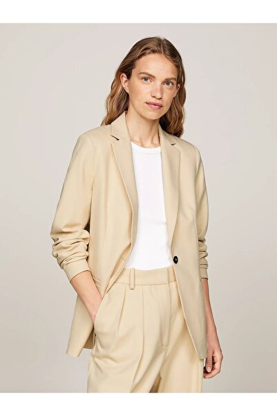 Tommy Hilfiger Kadın Dik Yaka Yalıtımlı Marka Logolu Fermuarlı Bej Bluz WW0WW39977-AEX