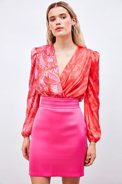 Sateen Bluză body cu model la două piepte - ROȘU