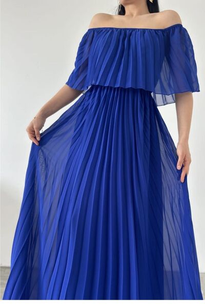 bayansepeti Saks Blue Lined șifon țesătură fără bretele decolteu plisat rochie maxi 582848