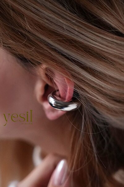 Yesil Atelier Kadın Tasarım Büyük Ear cuff Gold ve Gümüş Rekli Çelik Küpe