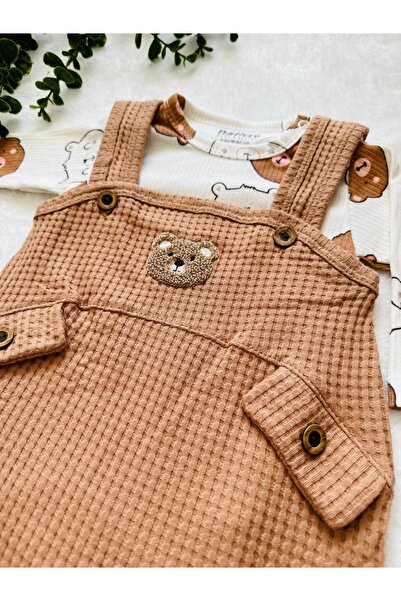 NAFİTTO Baby Boy Waffle Salopet - Punch Teddy Bear Embroidered, Socks