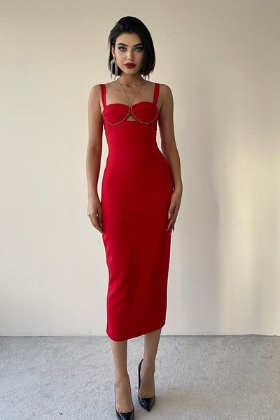 vuvutasarım Red Atlas Fabric Stone Detailed Design Scoop Neckline Low-cut Strap Midi Evening Dress 187