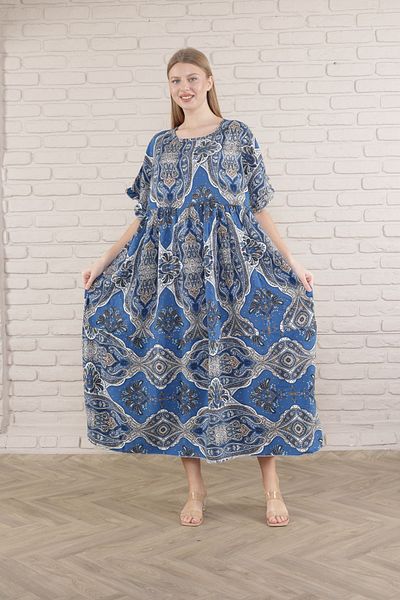 mervemoda Women's large size short-sleeved summer woven viscose print dress