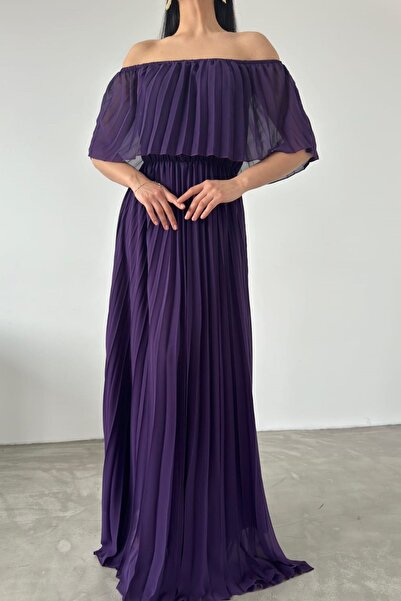 bayansepeti Purple Lined Chiffon Fabric Strapless Collar Pleat Design Maxi Dr...