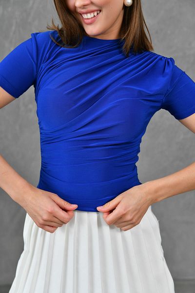 bayansepeti Saks Blue Stretch Fabric Gather Λεπτομέρεια Κοντό μανίκι Basic Μπλούζα 12244