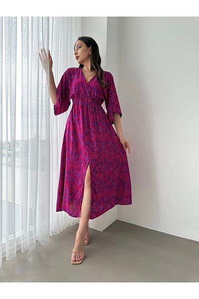 BEJNA Fuchsiafarbenes, zweireihiges, langes Sommerkleid mit Kragen und Schlitz für Damen