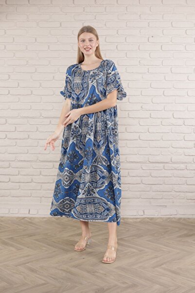 mervemoda Women's large size short-sleeved summer woven viscose print dress