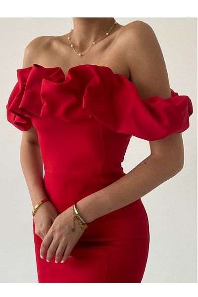bayansepeti Red Atlas Fabric fodros gallér részlettel ellátott miniruha 223