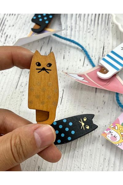 Kağıt Gemi Dükkan Wooden Cat Patterned 4-Pack Paper Clip / Photo Clip
