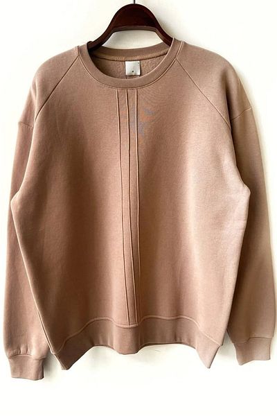 lovebox Three Thread Cotton Fabric Embossed Line Detailed Crew Neck Brown Sweatshirt 1518