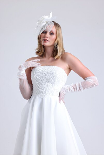 Tangül&Ali'S Moda Evi Taş Işlemeli Straplez Beyaz Midi Elbise