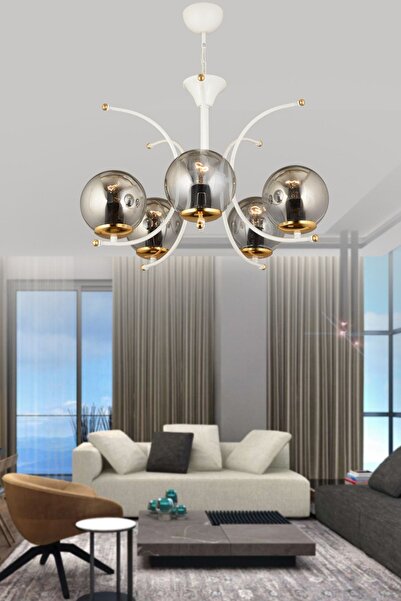 Genel Markalar Peri Beyaz 5'li Füme Glop Camlı Yukarı Bakan Modern Lüks Avize