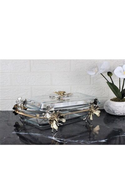 atabey home Butterfly Rectangular Pyrex Pot with Lid Pasabahce