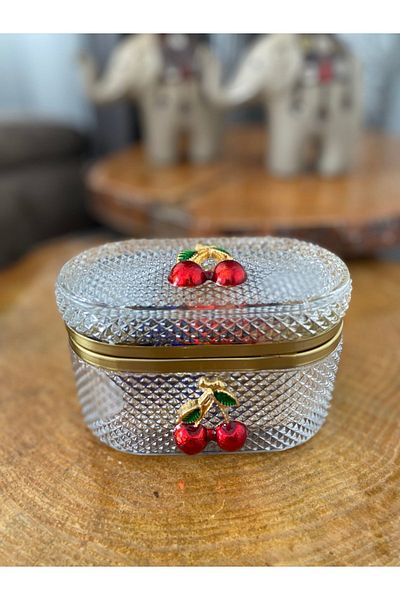 atabey home collection كريستال 13 سم - علبة حلوى فاخرة بتفاصيل ذهبية من الكرز مع غطاء وصندوق مجوهرات