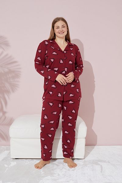 Siyah İnci Large Size Oversize Buttoned Cotton Pajama Set - Burgundy Pink, Heart Patterned Curve