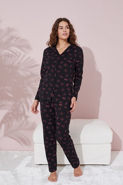 Siyah İnci Cotton Buttoned Black and Pink Ribbon Pajamas Set
