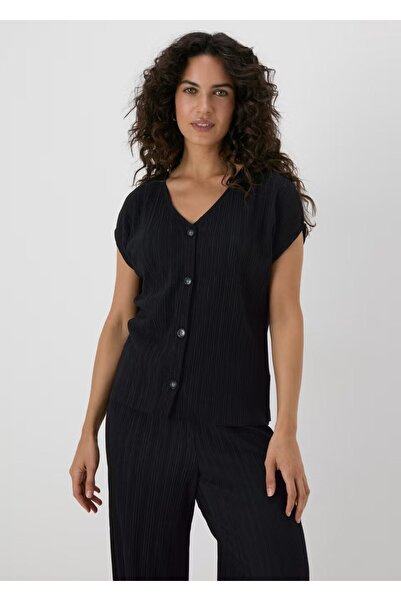 Kübra Tekstil Μαύρο πλισέ μπλουζάκι με λαιμόκοψη V