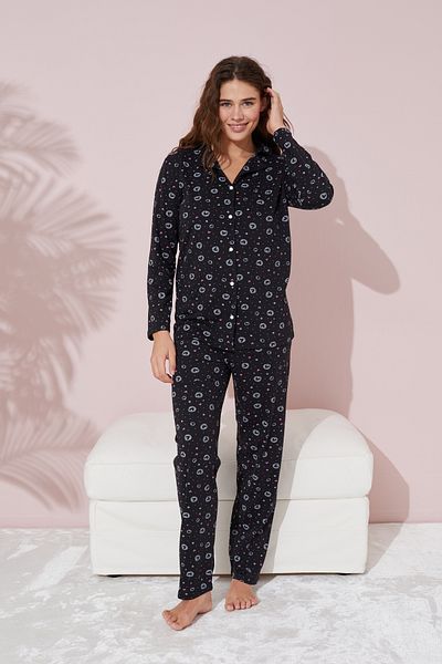 Siyah İnci Cotton Black and White Small Heart Patterned Pajama Set - Buttoned