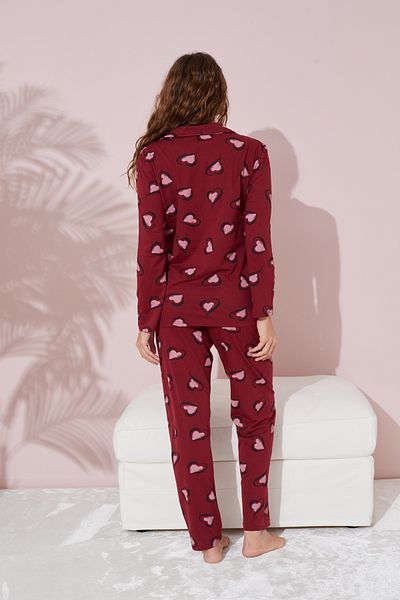 Siyah İnci Set de pijamale din bumbac, cu model de inimă mare, roz burgundă