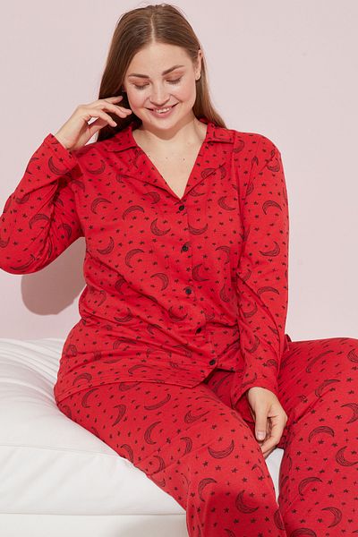Siyah İnci Plus Size Red Moon Patterned Curve Cotton Pajama Set - Oversize Buttoned