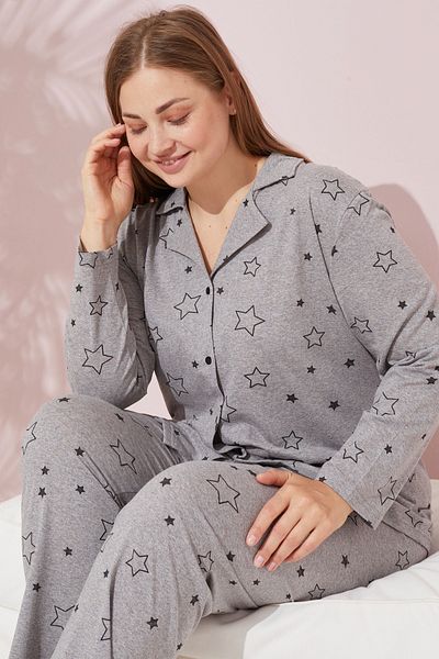 Siyah İnci Plus Size Gray Star Patterned Cotton Pajama Set - Buttoned and Oversize
