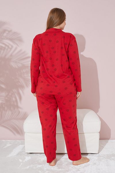 Siyah İnci Plus Size Red Floral Patterned Cotton Pajamas Set - Oversize Buttoned