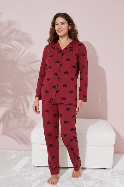 Siyah İnci Set de pijamale cu nasturi din bumbac, roșu, negru, cu model de inimă