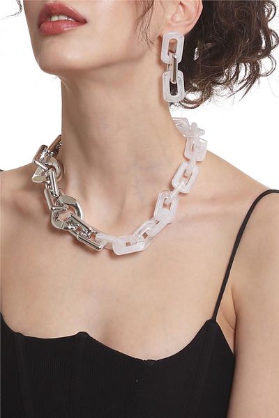 LABALABA Women's Thick Chain Form White & Silver Color Acrylic Design Necklace & Earring Set