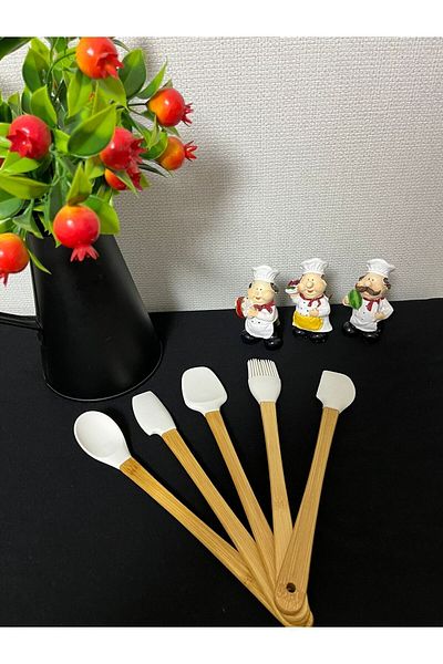 Kitchen Crazy Bamboo Handle 5 Piece Mini Silicone Spatula Spoon Brush Set - Cream