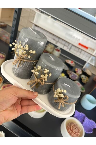 MUMARİKA 3’lü gri renk kokulu silindir set mum