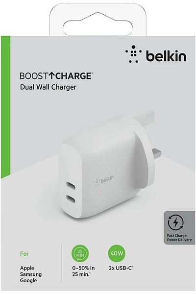 Belkin 40W Dual USB-C PD Wall Charger for iPhone 14/13/12 Pro, iPad Pro, Galaxy, Fast Power Delivery