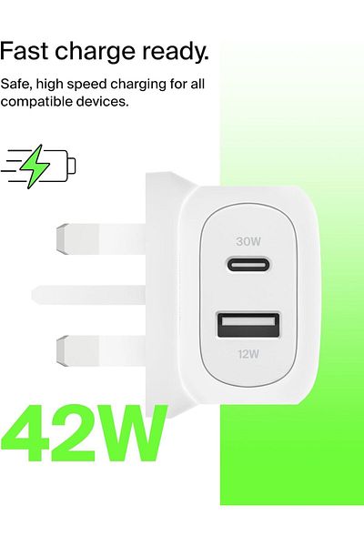 Belkin BoostCharge 42W Dual Port Wall Charger, USB-C + USB-A for Fast Charging iPhone 15, Galaxy S24 & More