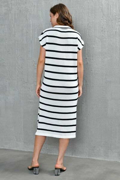 vuvutasarım Polo Neck Bat Sleeve Knitwear Midi Beach Dress - 10097 with Side Slit Detail