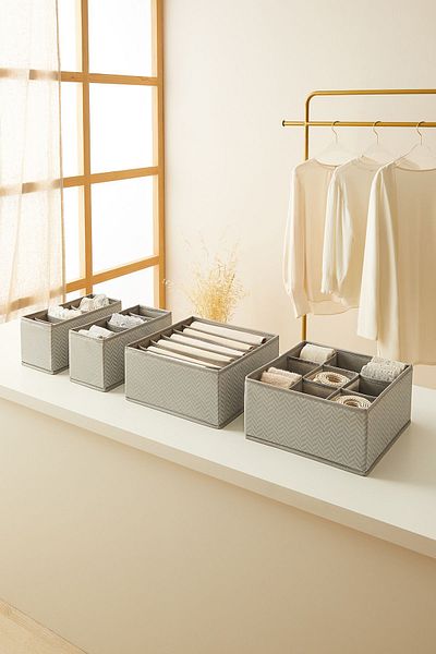 Ocean Home Textile 4-Piece Gray Honeycomb Drawer - In-Cabinet Laundry Organizer and Folding Storage Box Organizer Set