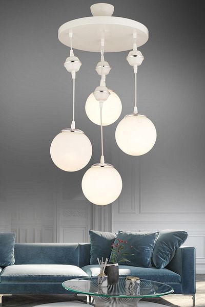 SONSUZ AYDINLATMA&AVİZE Pendant Lamp Tray White 4-Piece White Glop Top Glass Chrome Downward Facing Luxury Chandelier